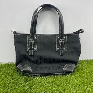 Fossil Black Leather Monogrammed Fabric Canvas Small Tote Satchel Handbag Purse